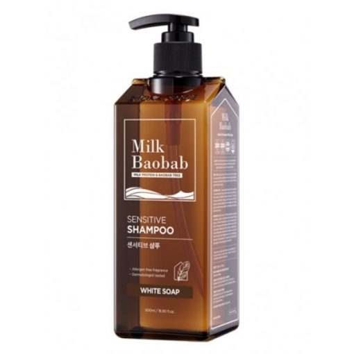 бессульфатный и бессиликоновый шампунь milkbaobab sensitive shampoo white soap